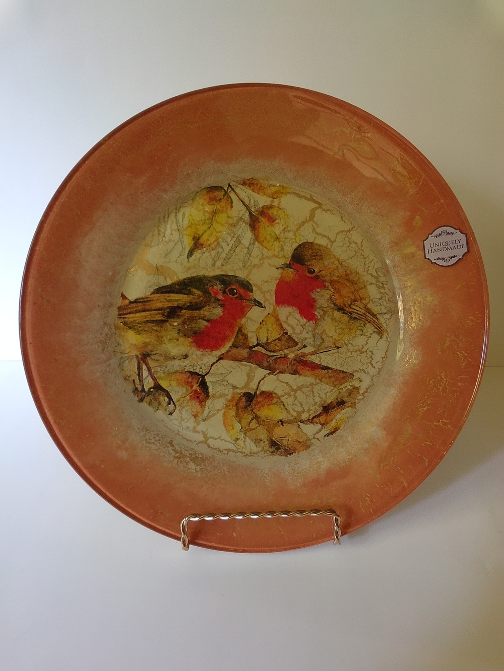 Handmade Orange Decorative Plate with Robins